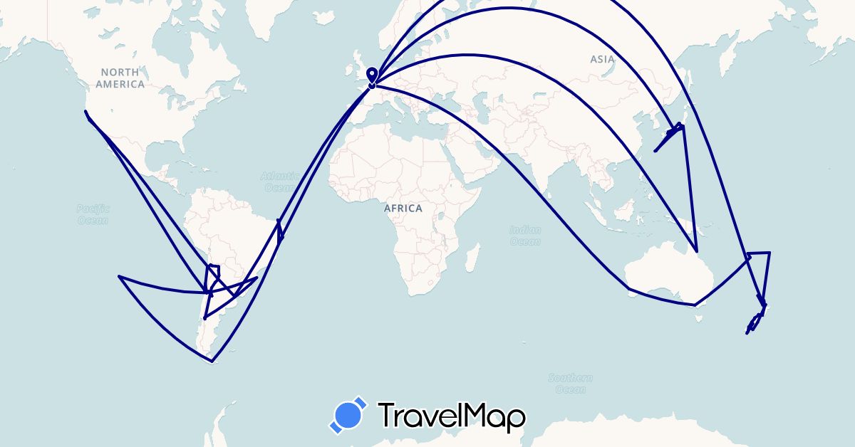 TravelMap itinerary: driving in Argentina, Australia, Brazil, Chile, Fiji, France, Japan, New Zealand, United States, Vanuatu (Asia, Europe, North America, Oceania, South America)